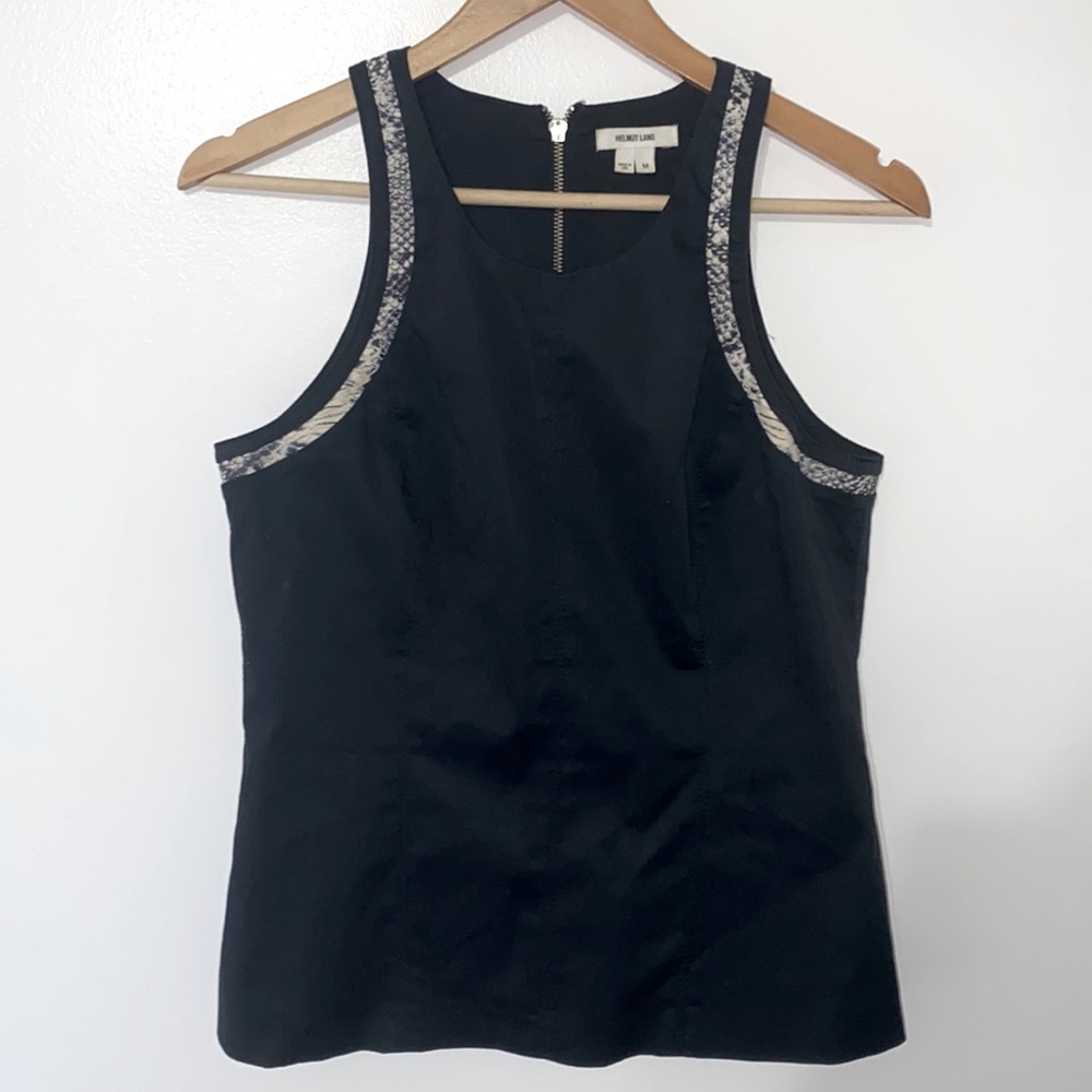 Helmut Lang Black Sleeveless Leather Trim Zipper Back Cotton Top